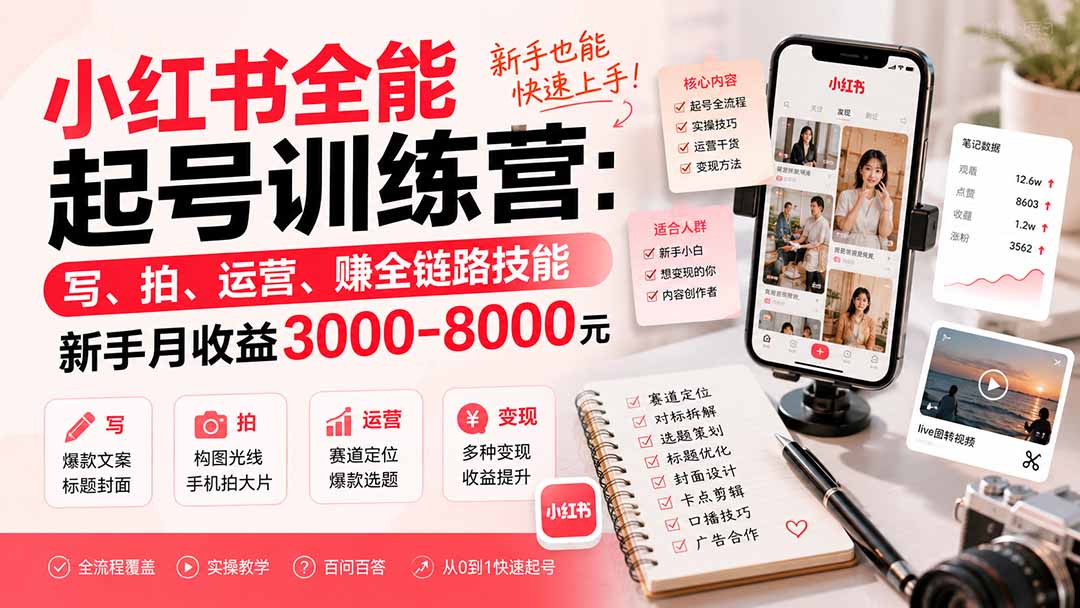 小红书全能起号训练营-更新:写、拍、运营、赚全链路技能,新手月收益3000-8000元-聚业