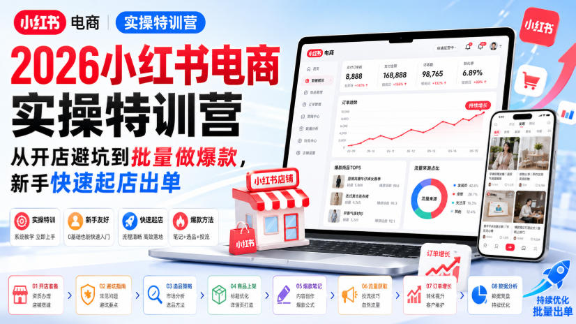 2026小红书电商实操特训营,从开店避坑到批量做爆款,新手快速起店出单-聚业