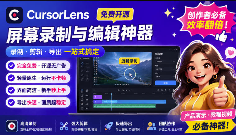 CursorLens免费开源录屏工具,支持自动缩放,教程视频录制必备神器-聚业