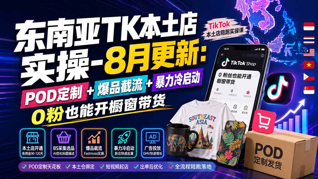 东南亚TK本土店实操-8月更新:POD定制+爆品截流+暴力冷启动,0粉也能开橱窗带货-聚业