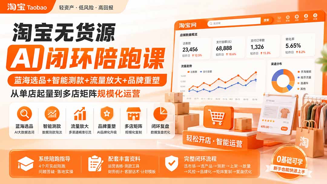 淘宝无货源AI闭环陪跑课:蓝海选品+智能测款+流量放大+品牌重塑,从单店起量到多店矩阵规模化运营-聚业