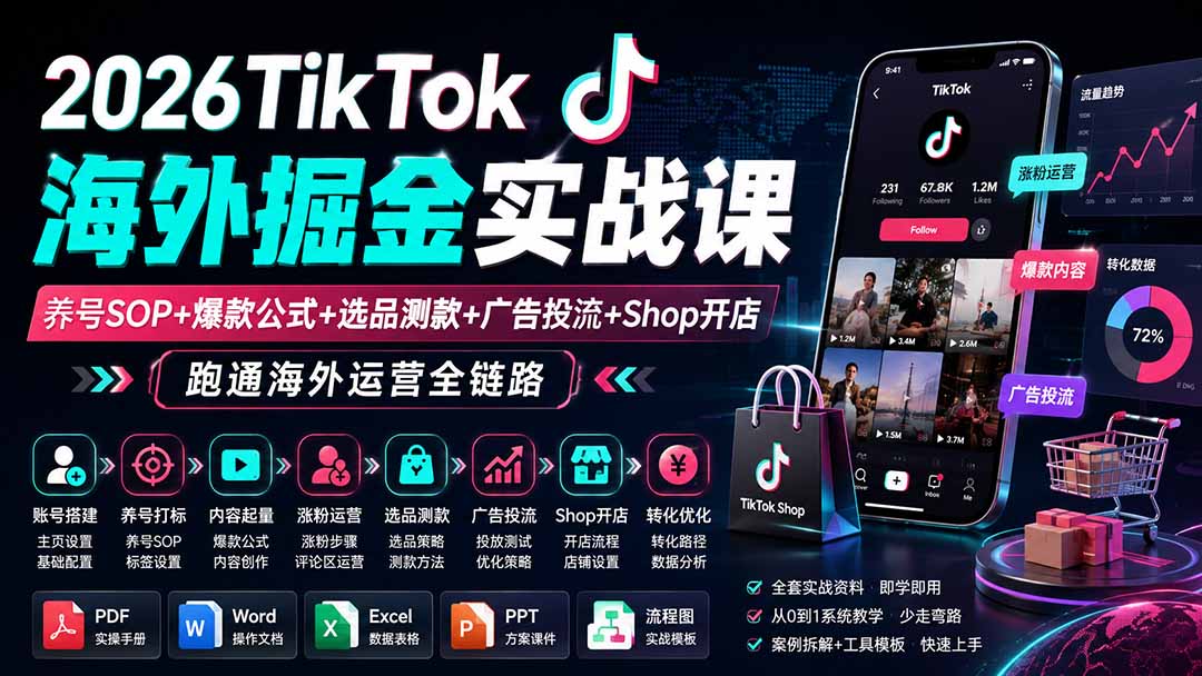 2026TikTok海外掘金实战课——养号SOP+爆款公式+选品测款+广告投流+Shop开店,跑通海外运营全链路-聚业