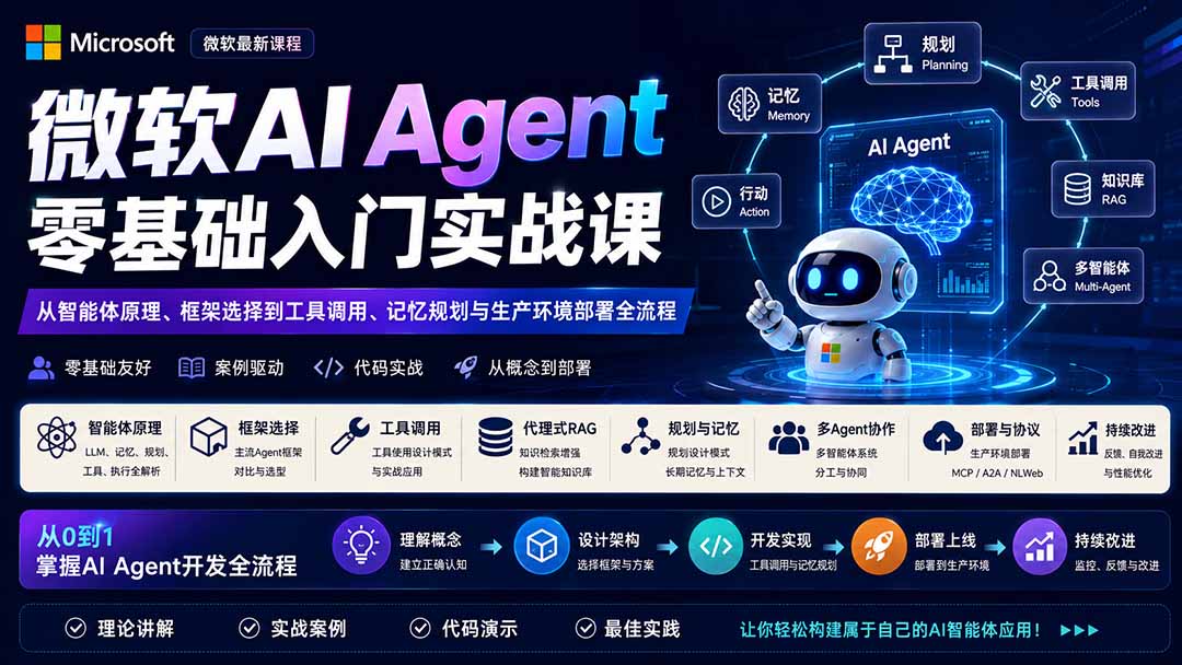 微软AI Agent零基础入门实战课:从智能体原理、框架选择到工具调用、记忆规划与生产环境部署全流程-聚业