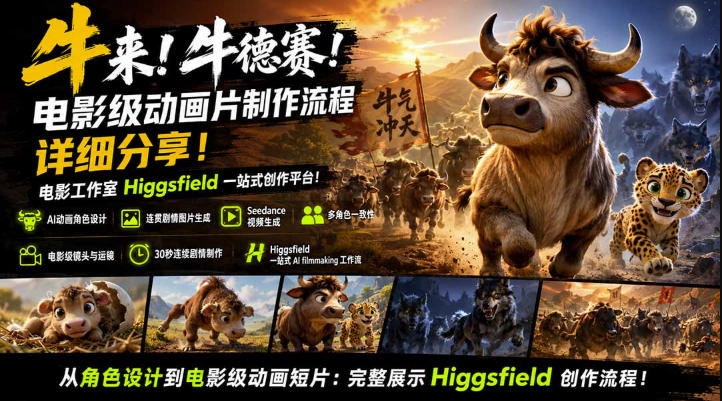 牛来!牛德赛!电影级动画片制作流程详细分享!电影工作室Higgsfield一站式创作平台,完整创作流程-聚业