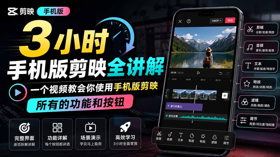 3小时手机版剪映全讲解,一个视频教会你使用手机版剪映,所有的功能和按钮-聚业