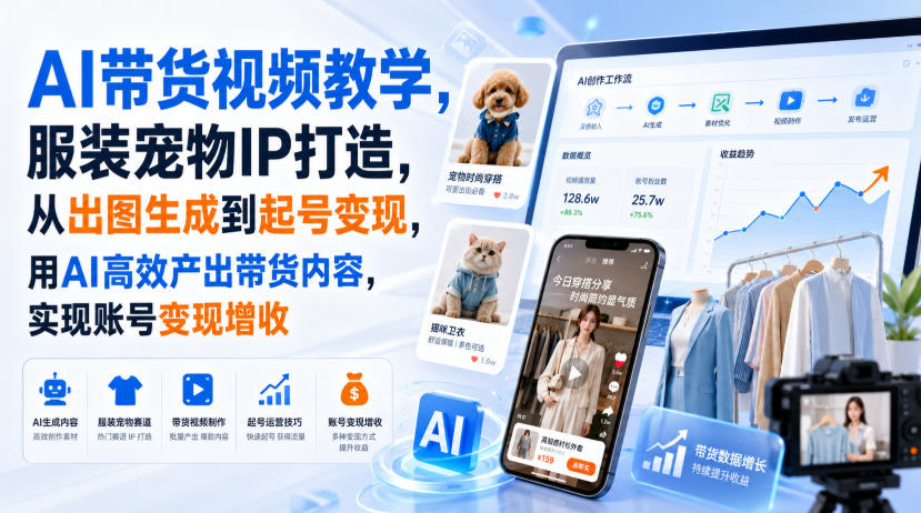 AI带货视频教学,服装宠物IP打造,从出图生成到起号变现,用AI高效产出带货内容,实现账号变现增收-聚业
