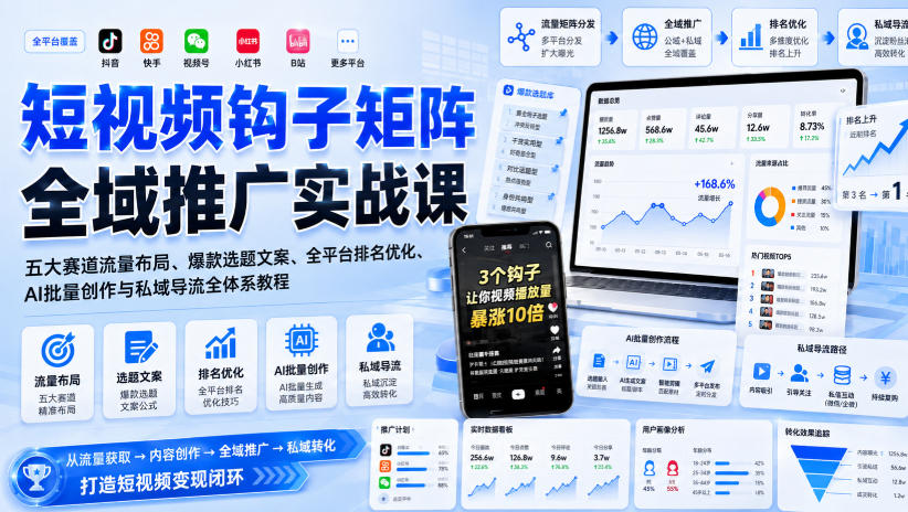 短视频钩子矩阵全域推广实战课|五大赛道流量布局、爆款选题文案、全平台排名优化、AI批量创作与私域导流全体系教程-聚业