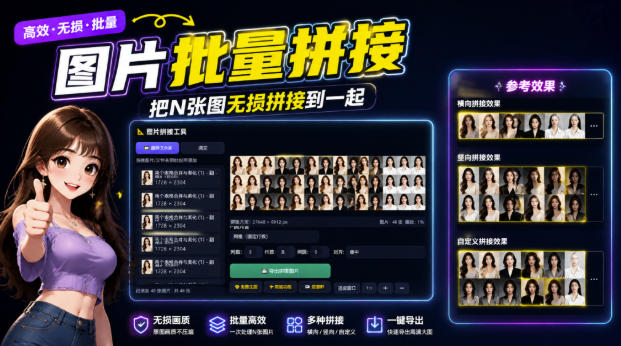 图片批量拼接,把N张图无损拼接到一起,支持横向、竖向、自定义等功能-聚业
