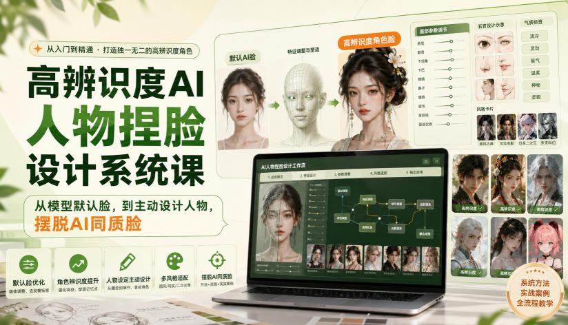 高辨识度AI人物捏脸设计系统课,从模型默认脸,到主动设计人物,摆脱AI同质脸-聚业