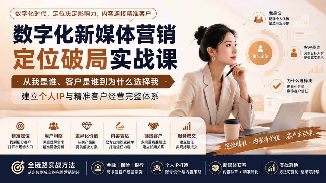 数字化新媒体营销定位破局实战课:从我是谁、客户是谁到为什么选择我,建立个人IP与精准客户经营完整体系-聚业