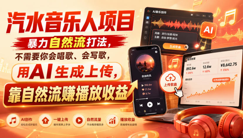 汽水音乐人项目,暴力自然流打法,不需要你会唱歌、会写歌,用AI生成上传,靠自然流賺播放收益-聚业