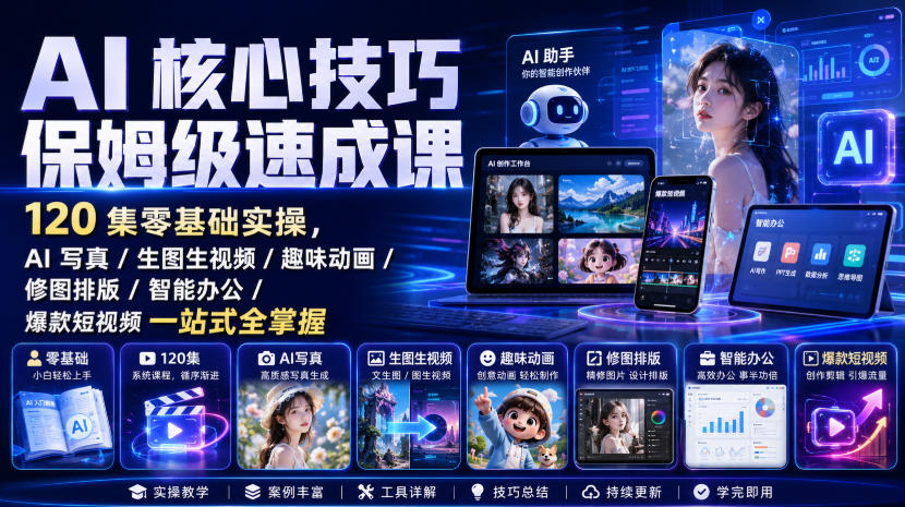 AI核心技巧保姆级速成课|120集零基础实操,AI写真/生图生视频/趣味动画/修图排版/智能办公/爆款短视频一站式全掌握(更新)-聚业