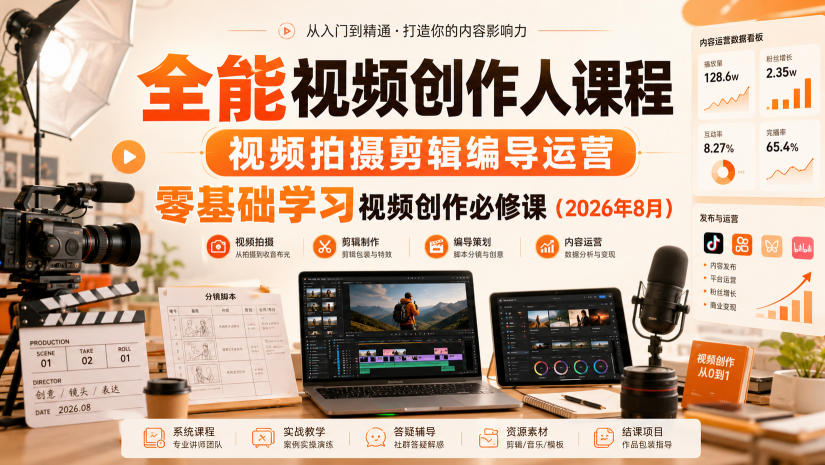 全能视频创作人课程,视频拍摄剪辑编导运营,零基础学习视频创作必修课(2026年8月)-聚业
