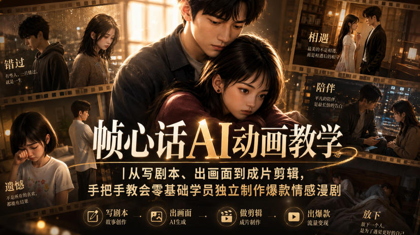 帧心话AI动画教学|从写剧本、出画面到成片剪辑,手把手教会零基础学员独立制作爆款情感漫剧-聚业