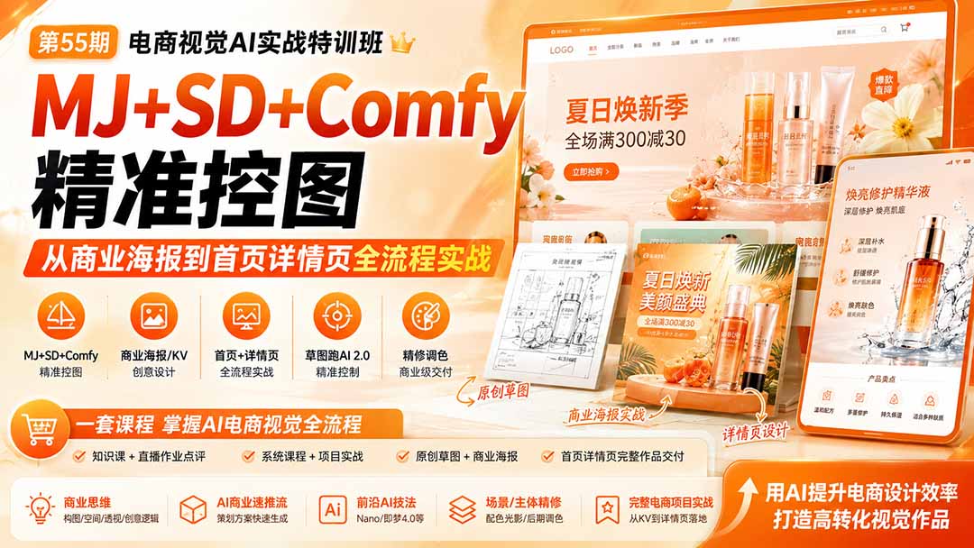 电商视觉 AI实战训练营第55期:MJ+SD+Comfy精准控图,从商业海报到首页详情页全流程实战-聚业