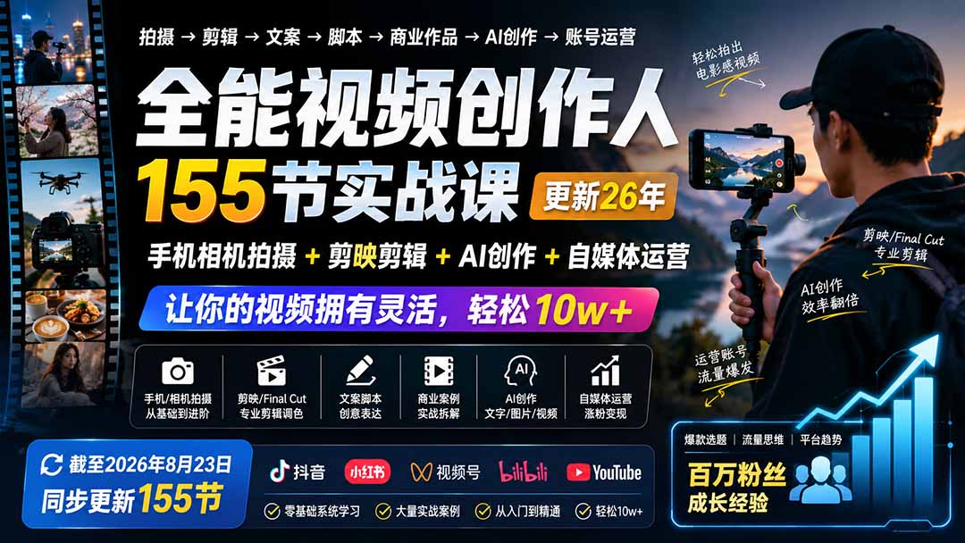 全能视频创作人155节实战课-更新26年8月:手机相机拍摄+剪映剪辑+AI创作+自媒体运营,让你的视频拥有灵活,轻松10w-聚业