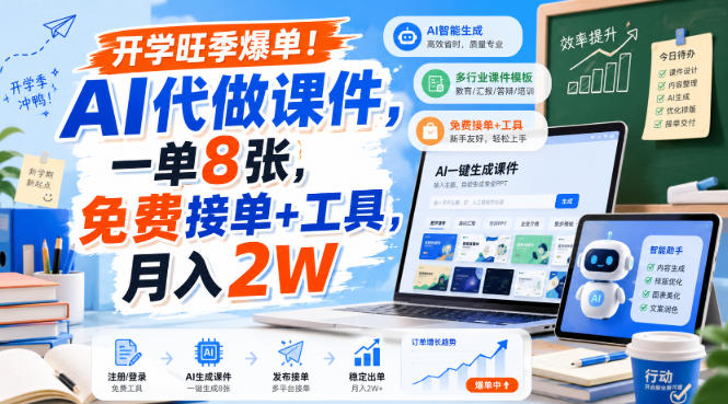 开学旺季爆单!AI代做课件,一单8张,免费接单+工具,月入2W【揭秘】-聚业