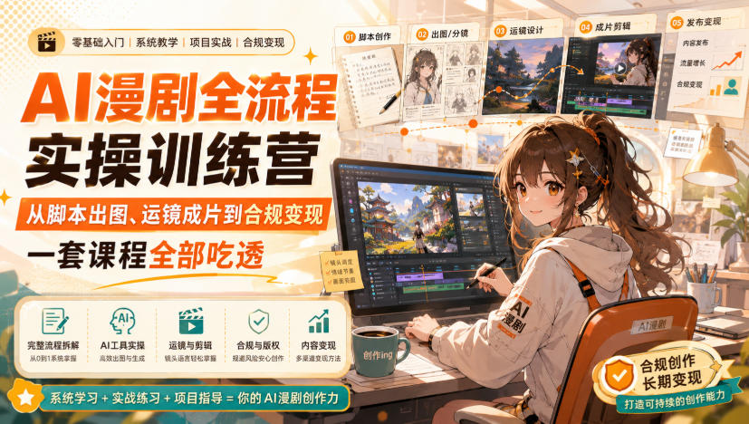 AI漫剧全流程实操训练营,从脚本出图、运镜成片到合规变现,一套课程全部吃透-聚业