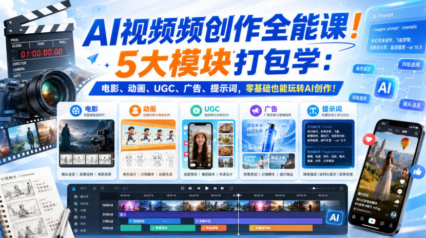 AI视频频创作全能课!5大模块打包学:电影、动画、UGC、广告、提示词,零基础也能玩转AI创作!【原创双语字幕】-聚业