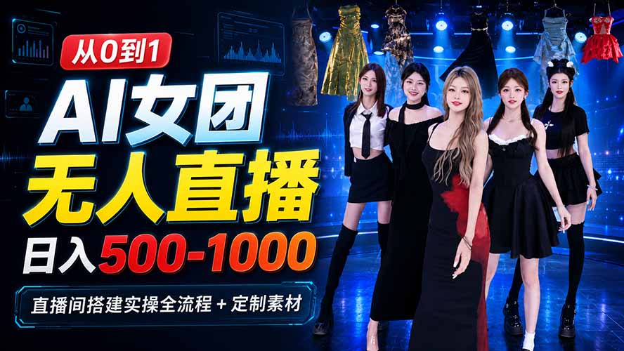 AI 女团无人直播,躺入500-1000每天,直播间搭建实操全流程+定制素材-聚业