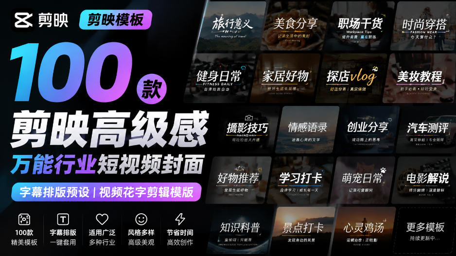 【剪映模板】100款剪映高级感万能行业短视频封面字幕排版预设视频花字剪辑模版-聚业