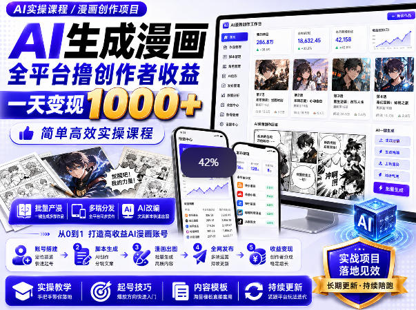 AI生成漫画全平台撸创作者收益内部课程,实操最高单日变现1k+-聚业