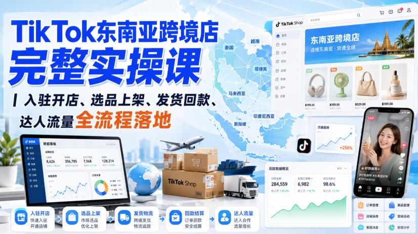 TikTok东南亚跨境店完整实操课|入驻开店、选品上架、发货回款、达人流量全流程落地-聚业