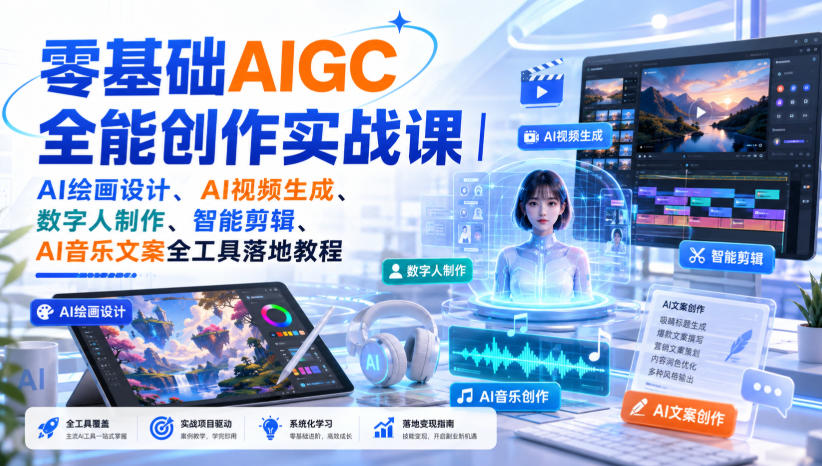 零基础AIGC全能创作实战课|AI绘画设计、AI视频生成、数字人制作、智能剪辑、AI音乐文案全工具落地教程-聚业