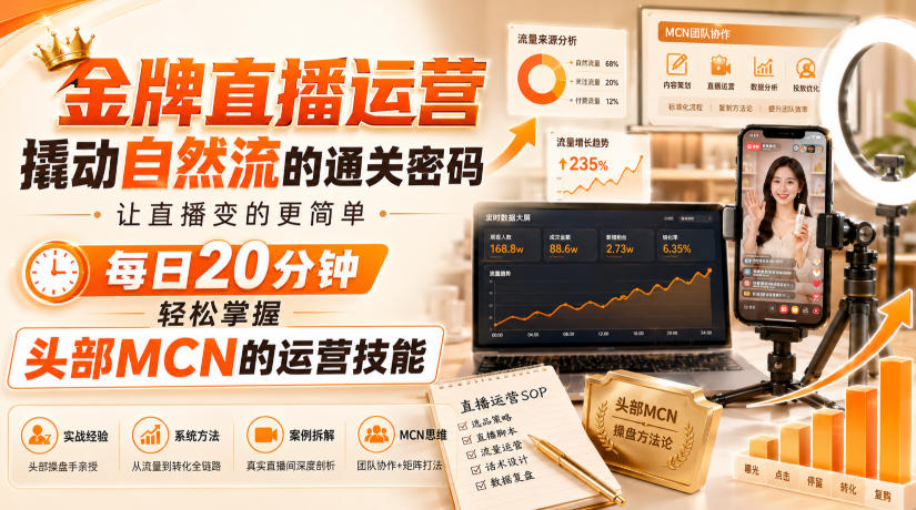 金牌直播运营撬动自然流的通关密码,让直播变的更简单,每日20分钟,轻松掌握头部MCN的运营技能-聚业