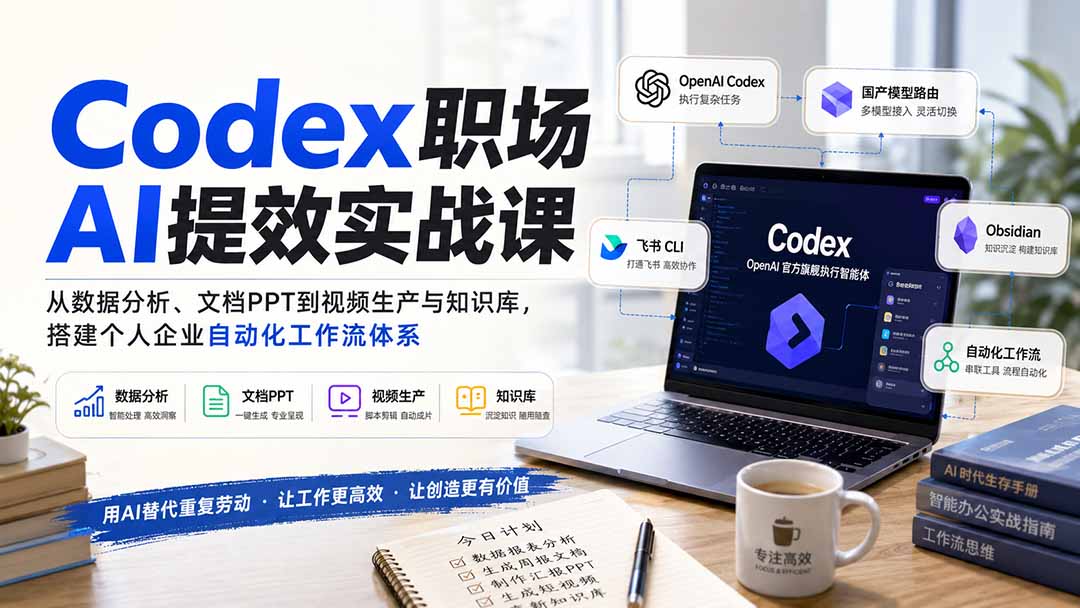 Codex职场AI提效实战课:从数据分析、文档PPT到视频生产与知识库,搭建个人企业自动化工作流体系-聚业