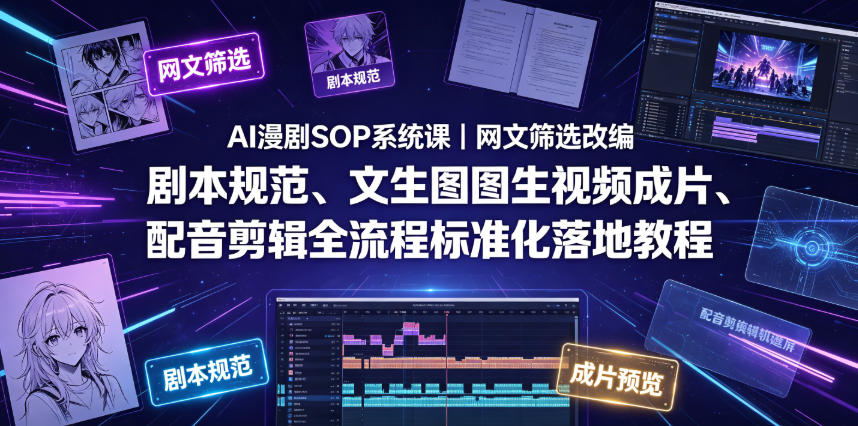 AI漫剧SOP系统课|网文筛选改编、剧本规范、文生图图生视频成片、配音剪辑全流程标准化落地教程(更新0826)-聚业
