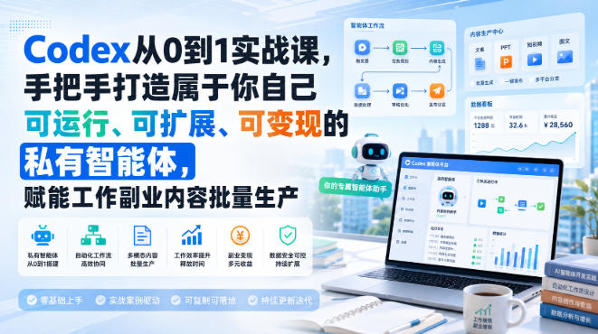 Codex从0到1实战课,手把手打造属于你自己可运行、可扩展、可变现的私有智能体,赋能工作副业内容批量生产-聚业