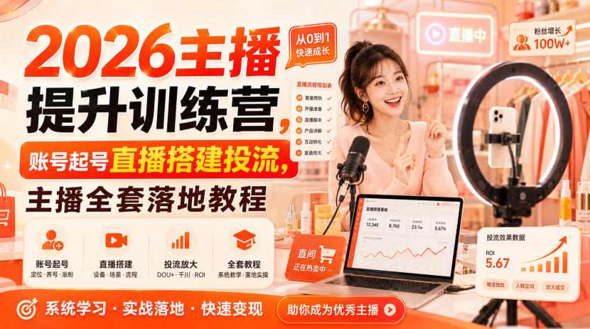 2026主播提升训练营,账号起号直播搭建投流,主播全套落地教程-聚业