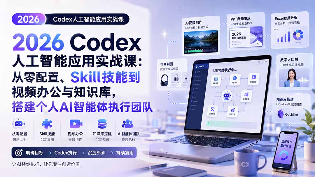 2026 Codex人工智能应用实战课：从零配置、Skill技能到视频办公与知识库，搭建个人AI智能体执行团队-聚业