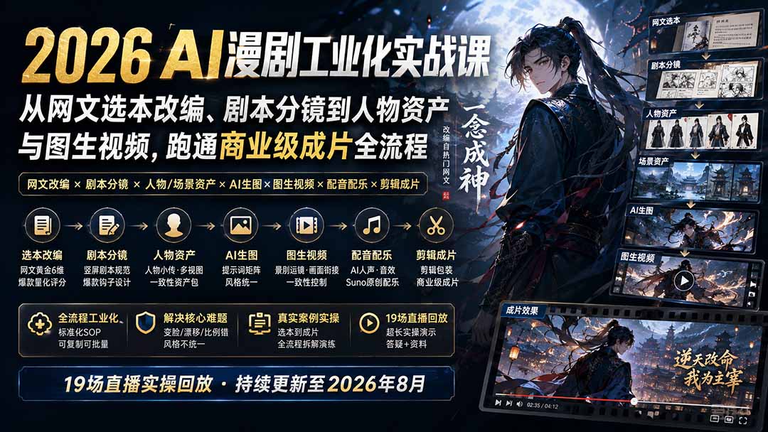 2026 AI漫剧工业化实战课-更新：从网文选本改编、剧本分镜到人物资产与图生视频，跑通商业级成片全流程-聚业