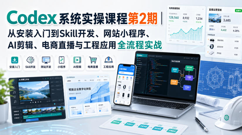 Codex系统实操课程第2期|从安装入门到Skill开发、网站小程序、AI剪辑、电商直播与工程应用全流程实战-聚业