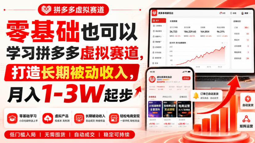 零基础也可以学习拼多多虚拟赛道,打造长期被动收入,月入1-3W起步-聚业