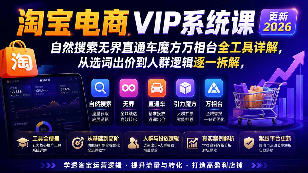 2026淘宝电商终局之战VIP课-更新:自然搜索+直通车+无界+精准人群,系统掌握测款动销与全店推广布局方法-聚业