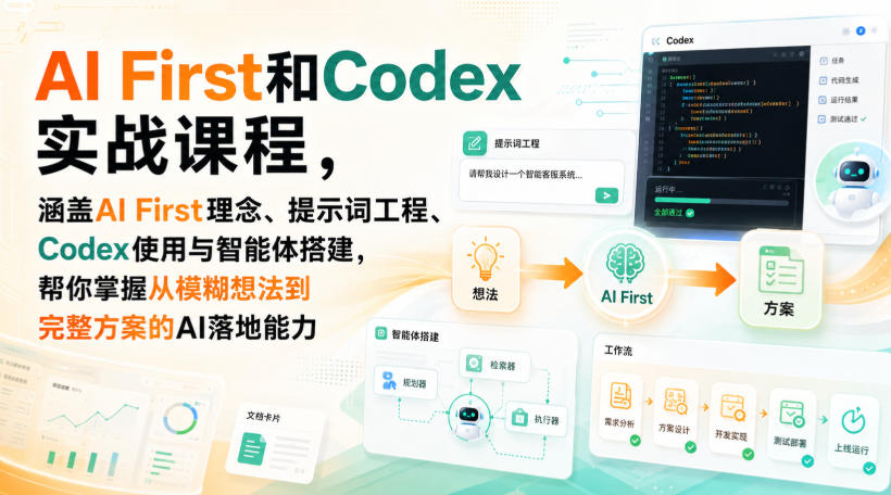 AI First和Codex实战课,涵盖AI First理念、提示词工程、Codex使用与智能体搭建,掌握从模糊想法到完整方案的AI落地能力-聚业