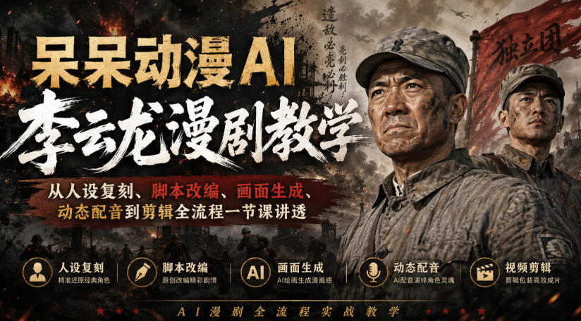呆呆动漫AI李云龙漫剧教学,从人设复刻、脚本改编、画面生成、动态配音到剪辑全流程一节课讲透-聚业