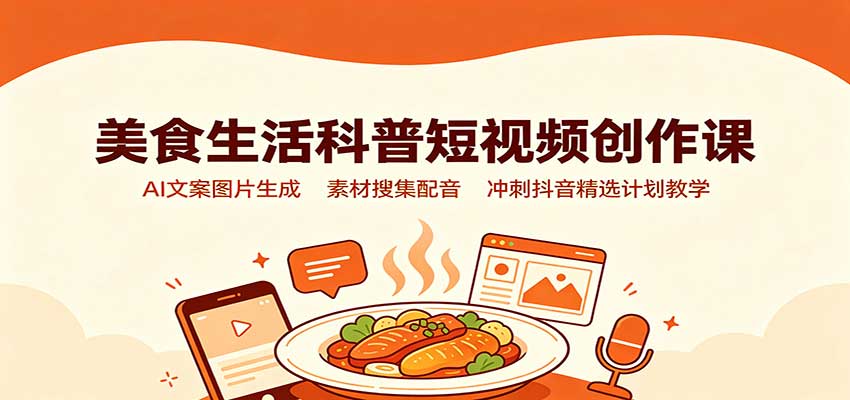 美食生活科普短视频创作课:AI文案图片生成,素材搜集配音,冲刺抖音精选计划教学-聚业