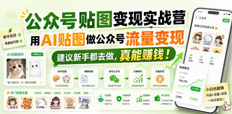 公众号贴图变现实战营,用AI贴图做公众号流量变现,建议新手都去做,真能賺钱!-聚业