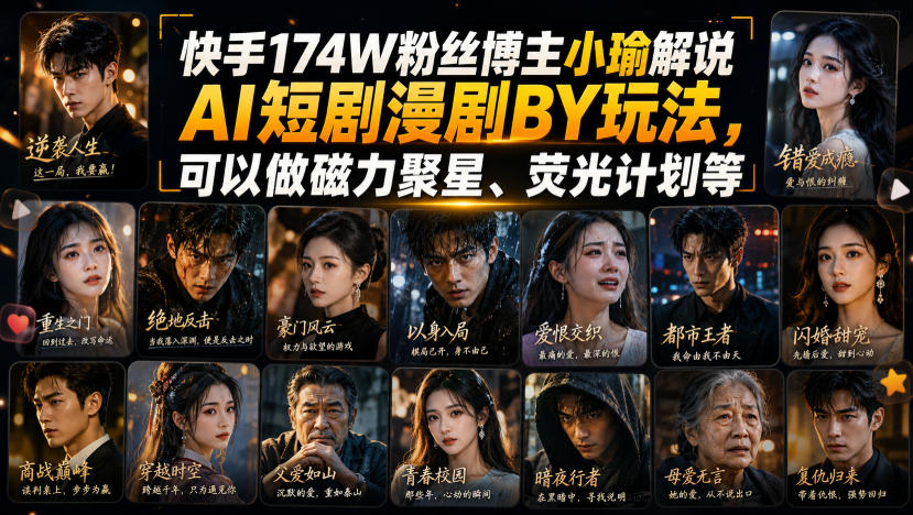 快手174W粉丝博主小瑜解说AI短剧漫剧搬运玩法,可以做磁力聚星、荧光计划等-聚业
