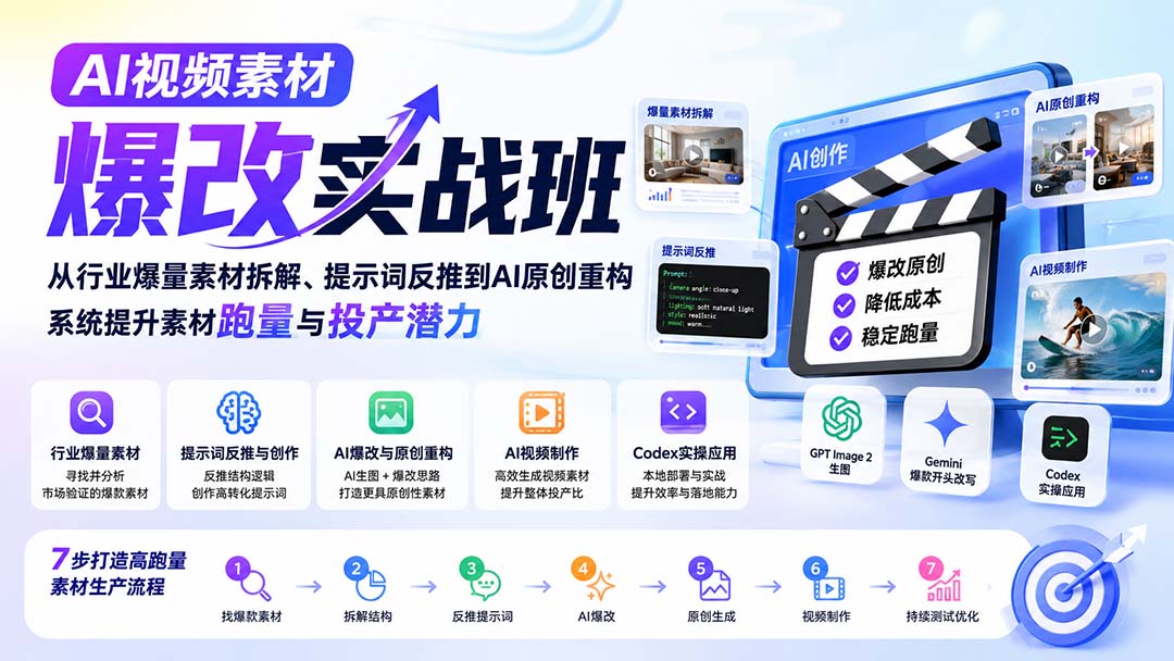 AI视频素材爆改实战班-更新8月:从行业爆量素材拆解、提示词反推到AI原创重构,系统提升素材跑量与投产潜力-聚业