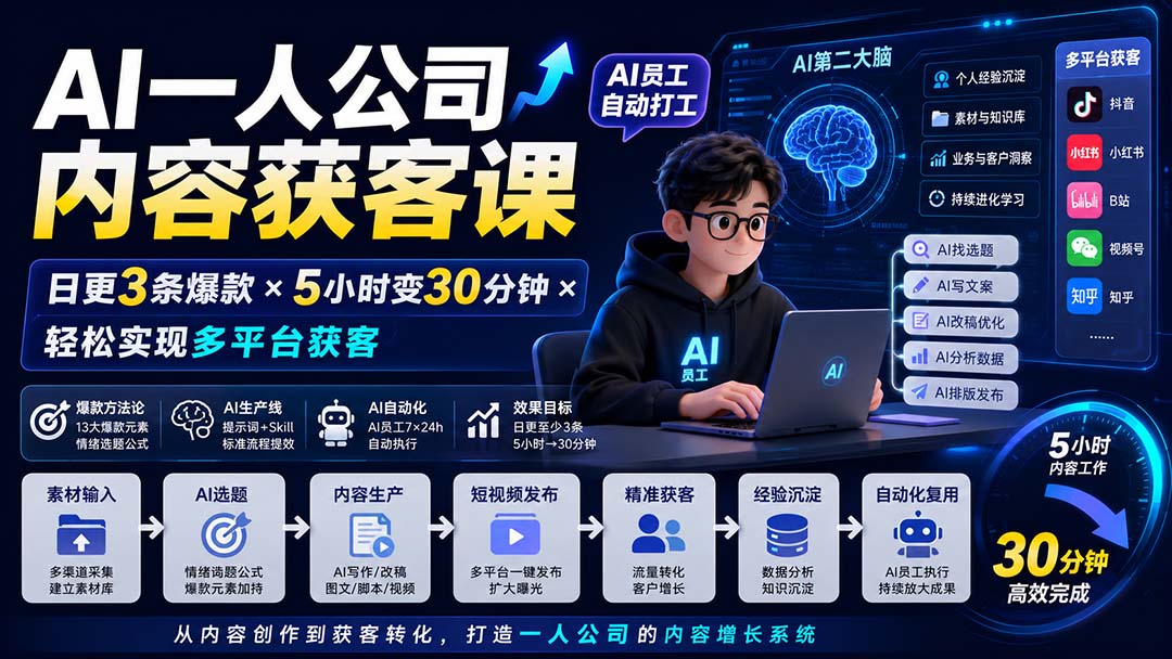 AI一人公司内容获客课-更新8月:日更3条爆款×5小时变30分钟×AI员工自动打工,轻松实现多平台获客-聚业