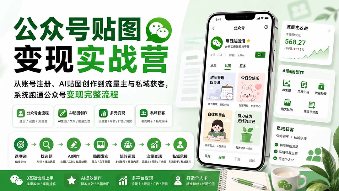 公众号贴图变现实战营:从账号注册、AI贴图创作到流量主与私域获客,系统跑通公众号变现完整流程-聚业