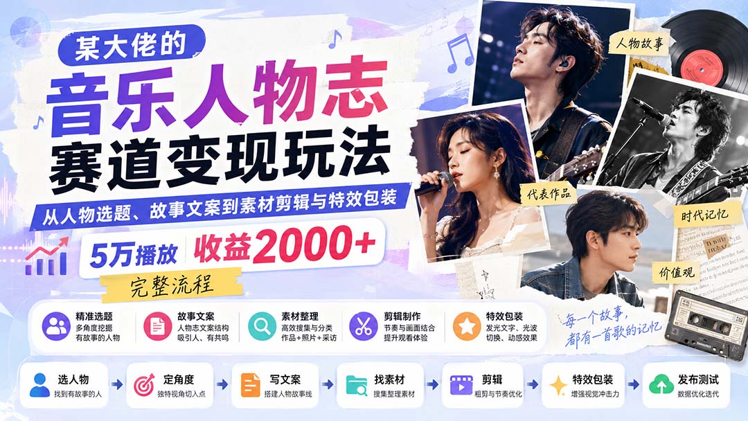 某大佬的音乐人物志赛道变现玩法:从人物选题、故事文案到素材剪辑与特效包装,5万播放收益2000+完整流程-聚业
