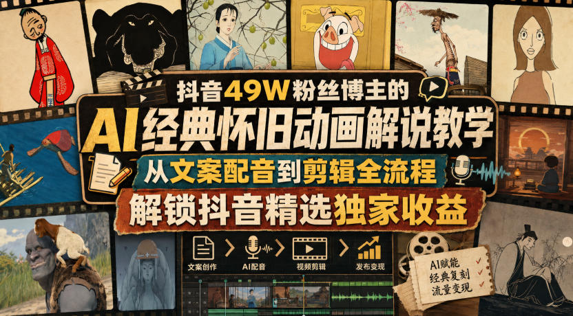 抖音49W粉丝博主的AI经典怀旧动画解说教学,从文案配音到剪辑全流程,解锁抖音精选独家收益-聚业