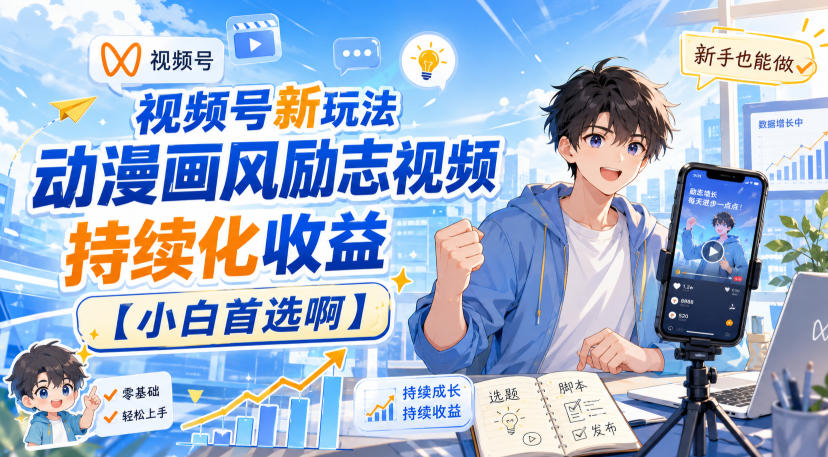 视频号新玩法动漫画风励志视频,持续化收益【小白首选啊】-聚业