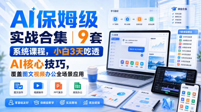 AI保姆级实战合集|9套系统课程,小白3天吃透AI核心技巧,覆盖图文视频办公全场景应用-聚业